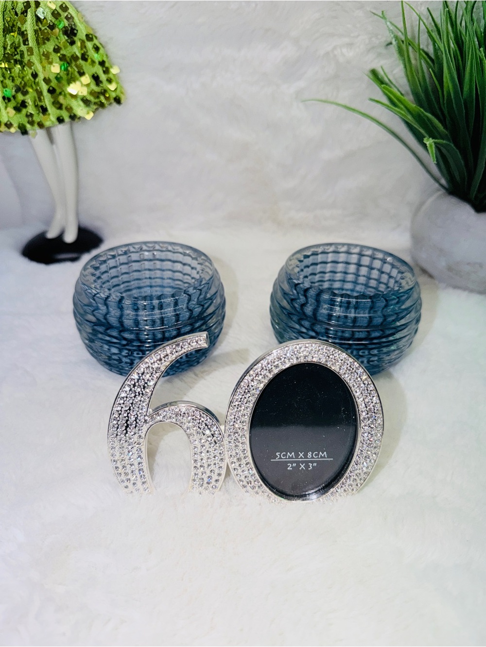 Rhinestone '60' Photo Frame Accent Silver Bling Plus Blue Glass Candle Holders 🔥